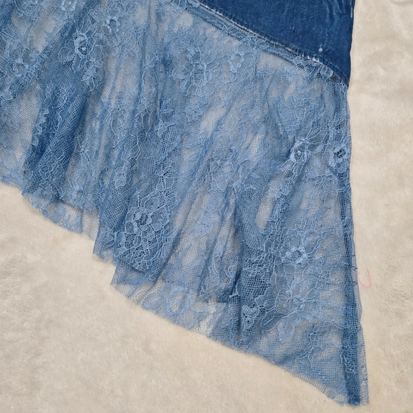 Free People Blue Velvet Skirt – Sheer Lace Hem & Asymmetrical Cut | 2 & 4 | NWT - Picture 8 of 16